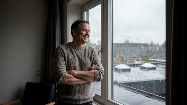 Caucasian man looking with pensive, then worried, and finally content expressions out a window on a rainy day, showing emotional shift.