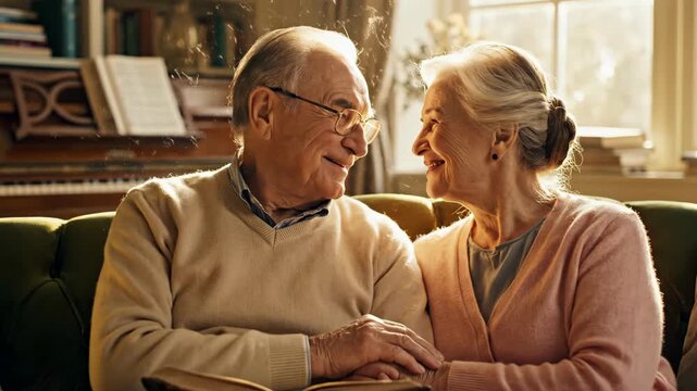 Elderly Couple Reading Book Together on Sofa Enjoying Quiet Time.