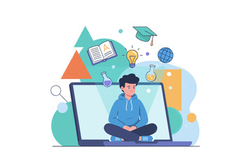 Man meditating on laptop screen surrounded by education and innovation symbols.