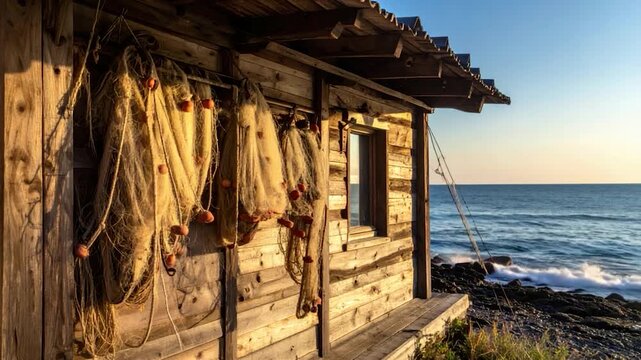 Rustic fishing shack with nets drying, beside the ocean at sunset