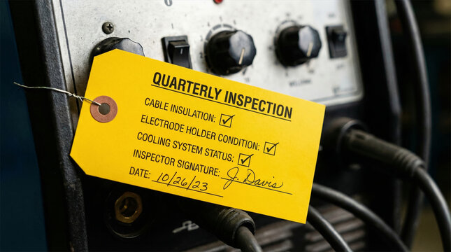 Yellow welding equipment quarterly inspection tag showing cable insulation electrode holder and cooling system checklist