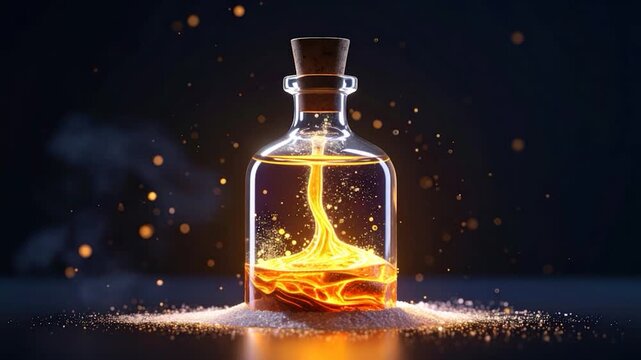 A luminous, glowing liquid held within a glass bottle, sparking particles around