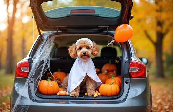 Cute poodle dog in ghost costume sits in car trunk decorated for Halloween with pumpkins, balloons and cobwebs. Autumn outdoor spooky fun celebration.