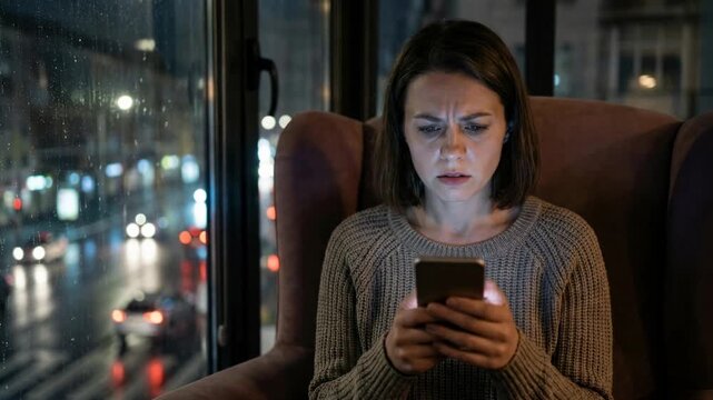 Caucasian woman looking distressed at phone screen by window, expressing financial anxiety or emotional distress at night