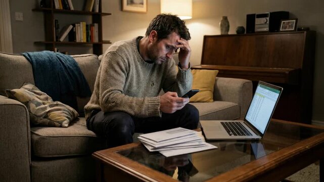 Caucasian man experiencing financial anxiety at home, viewing bills and laptop with spreadsheet, worried about mortgage