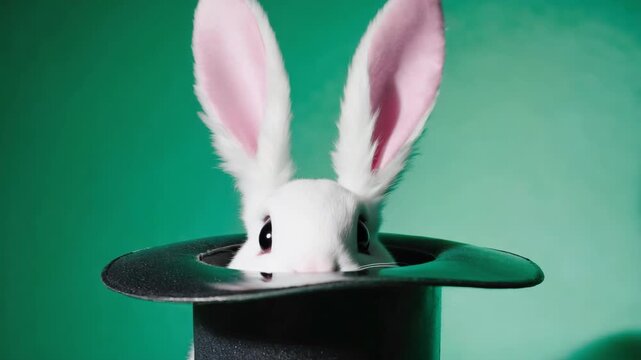Magic hat with rabbit ears appears in bright green background during a performance in a theater setting