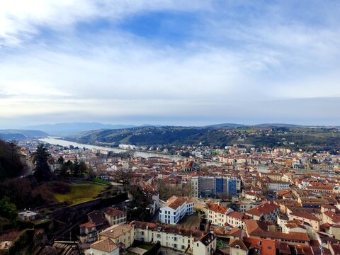 Vienne,France -Febrary 15,2026: An aerial view of Vienne from hill of Pipet. View to the bridge Autoroutier aval de A7