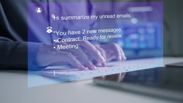 Close-up of a person typing on a laptop to interact with an AI assistant for email summarization and schedule management. Concept of modern workspace and productivity.