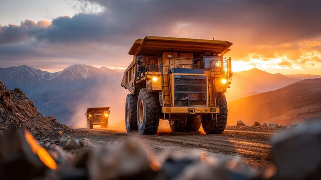 Mining trucks driving on a dirt road at sunset