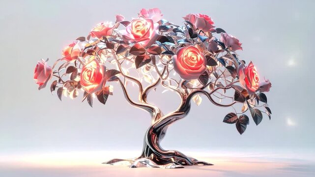 A luminous, metallic rose tree glows against a soft, white backdrop