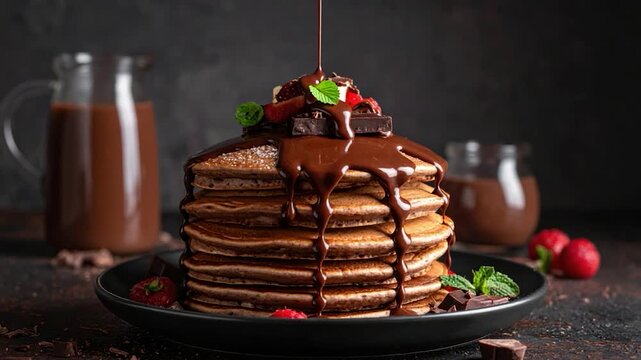 Stacked pancakes with chocolate drizzle, fresh berries, mint, and chocolate
