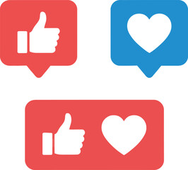 Obraz premium A vibrant blue social media 'like' button with a white thumbs-up and a bright red 'heart' button with a white heart, both in clean, flat, minimalist 2D vector style on a transparent background 