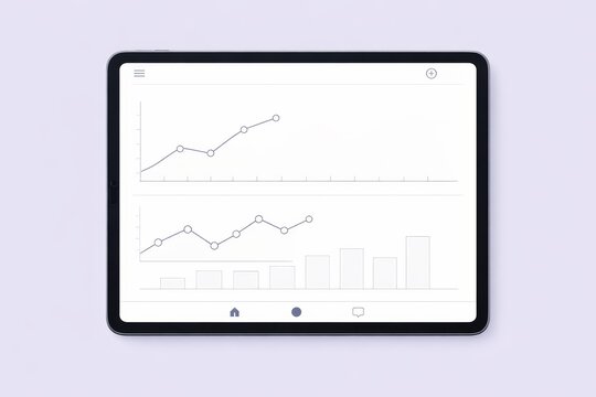 A tablet displays graphs showing data trends in a workspace. The setting focuses on the technology in use for analysis