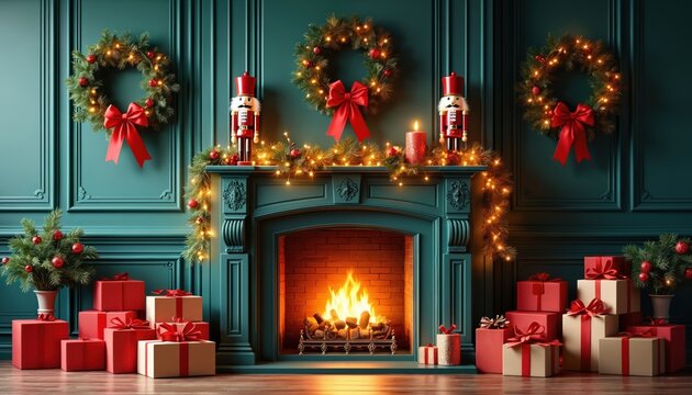 Warm Christmas fireplace glow with glowing lights, red gifts. Festive nutcrackers stand guard by wreaths. Cozy holiday scene with evergreen branches fills room with cheer. Home celebration ambiance.