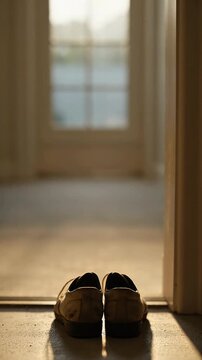 A pair of loafers sit near an open door, suggesting departure or anticipation on a bright day