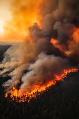Fototapeta premium Large forest fire sends thick black smoke into orange sky during daytime in a remote area
