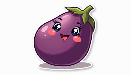 Cute cartoon eggplant character smiles happily. This purple vegetable illustration is perfect for healthy food concepts and kids content. Fun graphic for nutrition education.