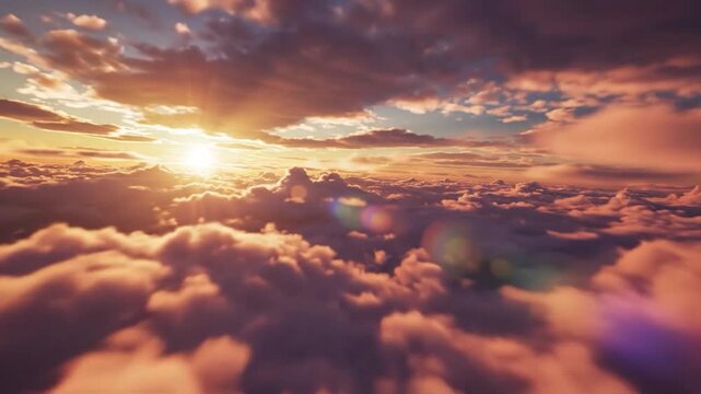 Golden sunbeams pierce through a vast expanse of f clouds at sunset