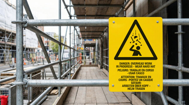 Multilingual danger overhead work warning sign on scaffolding showing falling objects hazard and hard hat requirement