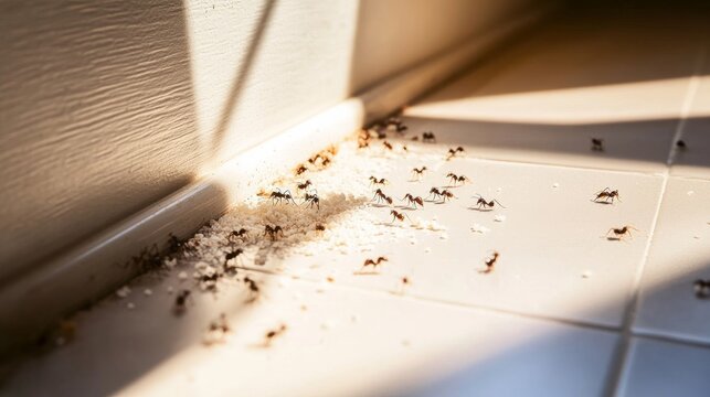 Ants gather around food crumbs in a bright kitchen during the daylight hours