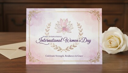 International Women's Day card with rose and envelope on wooden table 