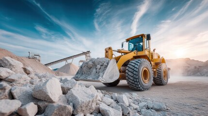 Obraz premium Yellow loader transports rocks in a quarry under a blue sky.