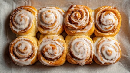 Fototapeta premium Freshly baked cinnamon rolls with icing arranged on parchment paper in a baking tray
