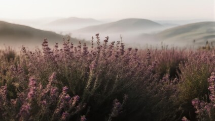 Misty Morning Lavender Field - Serene Landscape with Rolling Hills.