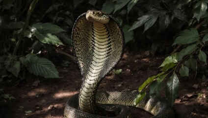 Majestic Cobra Displaying Hood in Lush Greenery.