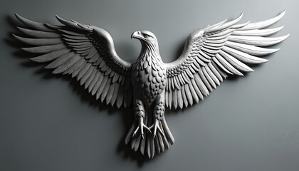 Fototapeta premium Silver eagle sculpture with spread wings mounted on a grey wall. This artwork represents freedom, strength, and power. Ideal for home decor.