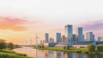 Obraz premium Modern cityscape with wind turbines and solar panels