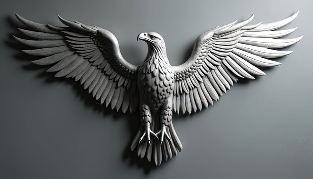 Silver eagle sculpture with spread wings mounted on a grey wall. This artwork represents freedom, strength, and power. Ideal for home decor.