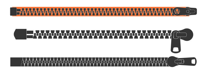 Set zipper lock or unlock. Fastener metal slide with puller. Split cloth pulling zip. Collection Apparel accessories simple drawing. © Alyona