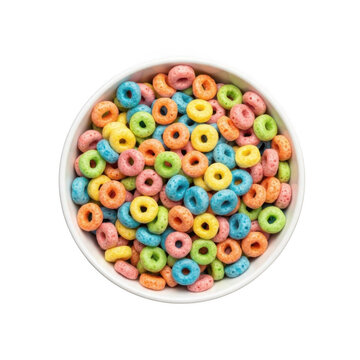 A bowl of colorful cereal rings in a variety of pink, orange, green, blue, and yellow hues on a transparent background