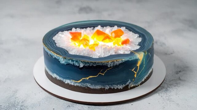 A jewel-toned cake resembling a geode with crystal details and golden cracks
