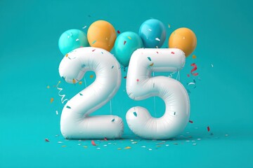 Naklejka premium Colorful balloons and large white number 25 on turquoise background for birthday celebration