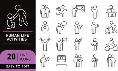 Human Life Activities Line Icons Set Simple Black Outline Vector Collection