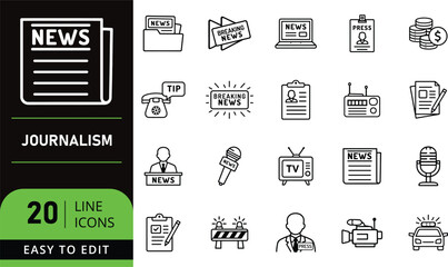 Journalism and News Line Icons Set with Media Reporting and Press Symbols