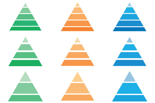 Three Level Pyramid, Illustration set of 3-tier, 4-tier, and 5-tier pyramids,Colourful pyramid info graphic templates collection. Pyramid charts with 3, 4, 5,levels. Triangle pyramid icon.