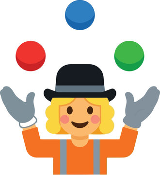Cartoon clown juggling colorful balls with hat and gloves, playful circus vector illustration