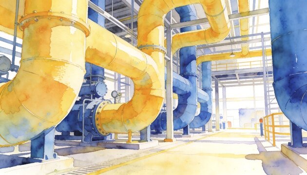 Watercolor painting of industrial piping system. Gas plant with pipelines and complex structure. Manufacturing factory for energy industry.
