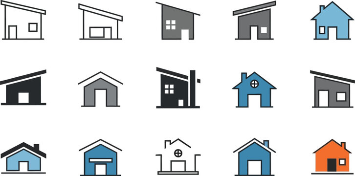 Collection of fifteen simple and colorful house icons featuring various roof styles including modern slanted designs and traditional gabled structures