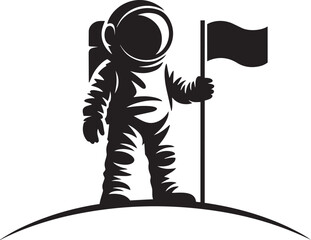 Astronaut silhouette standing on lunar surface holding mission flag in outer space exploration © MC Creative