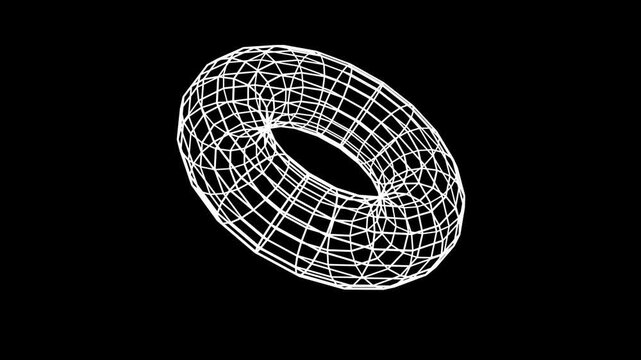 3D white wireframe torus rotating in a seamless loop on a black background for geometric and mathematical visualization