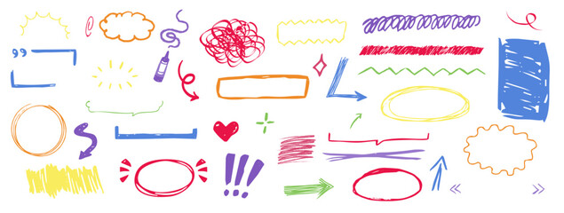 Highlight crayon scribble chalk hand drawn round rough frames, borders, underlines. Freehand ovals doodle. Chalk pencil ellipse frames, 