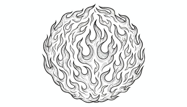 Fiery Orb Illustration: Dynamic Flames in a Circular Design, Black and White Sketch