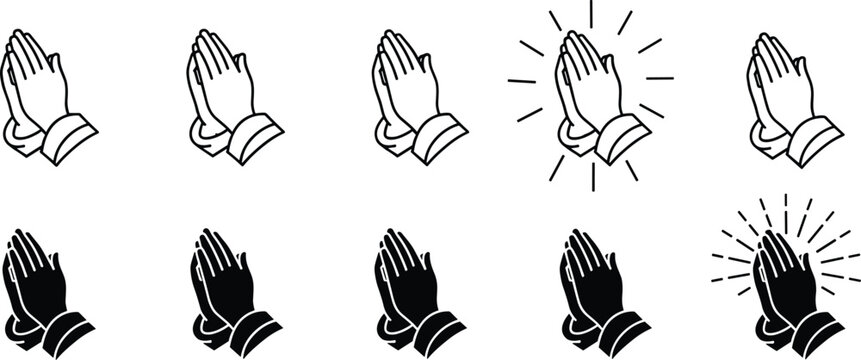 Praying Hands Black and White Icon Collection with Religious Prayer Gesture Vector Illustration Set