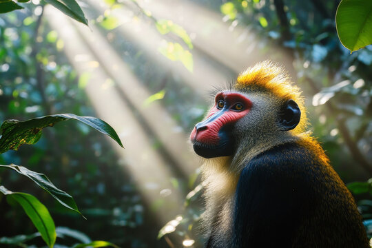 Portrait of a mandrill with vibrant facial colors, looking up in a lush forest with rays of sunlight streaming through leaves