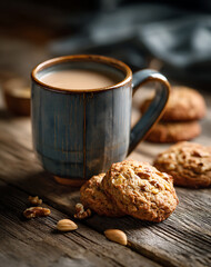 Cozy Morning Coffee With Warm Baked Cookies And Nuts On A Rustic Wooden Table With Soft Lighting