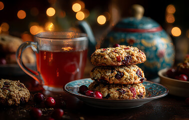 Cozy Winter Tea Time With Stacked Cranberry Oatmeal Cookies And Warm Tea